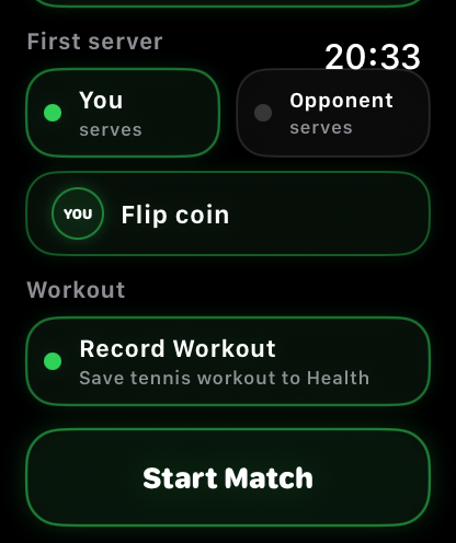 First server, coin toss, Record Workout, and Start Match