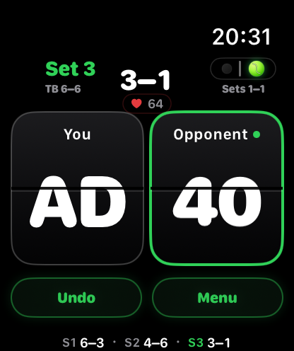 Live tennis scoring on Apple Watch