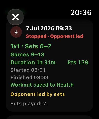 Saved match summary with duration, points, and workout saved to Health