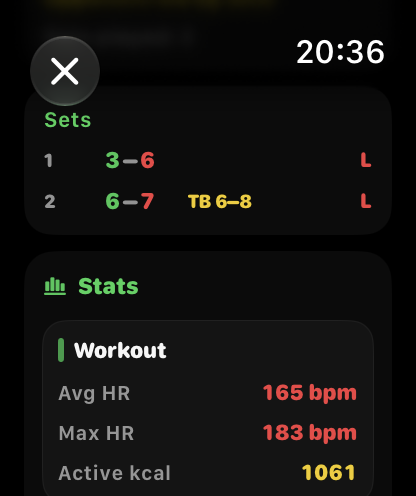 Workout stats with average heart rate, max heart rate, and active calories