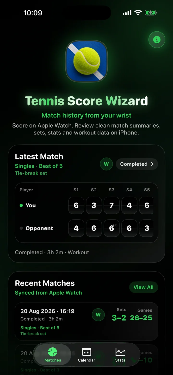 Tennis Score Wizard Companion on iPhone with matches synced from Apple Watch