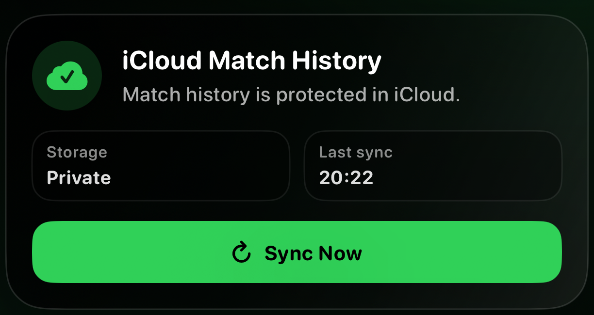 Companion iCloud Match History card showing private storage and the latest sync time