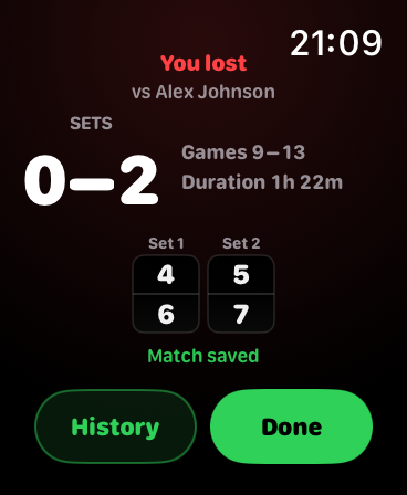 Apple Watch result card for a completed match loss