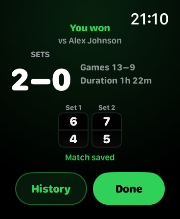 Apple Watch result card for a completed match win