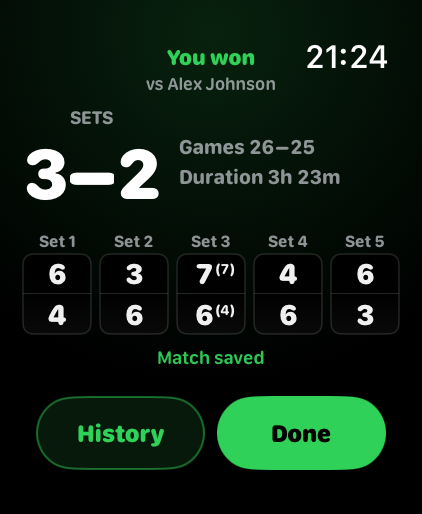 Match finished screen with a complete five-set result