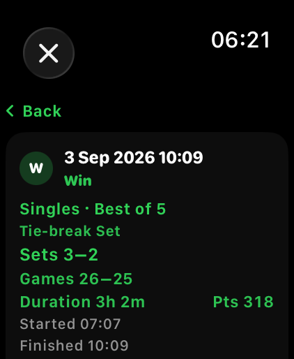Saved match summary with result, set format, duration, points, and workout status