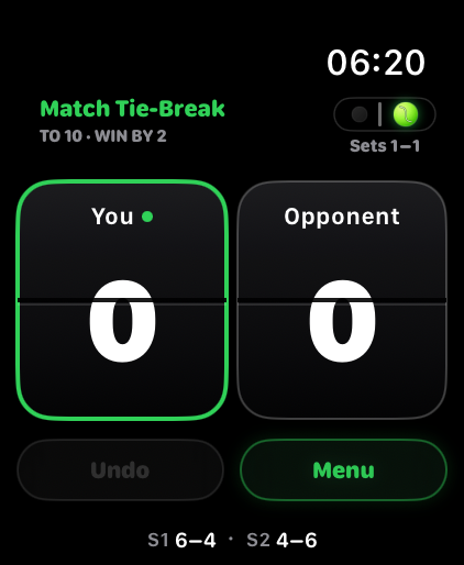 Live Match Tie-Break scoring to 10 on Apple Watch