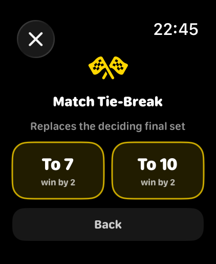 Choosing a deciding Match Tie-Break to 7 or 10 on Apple Watch