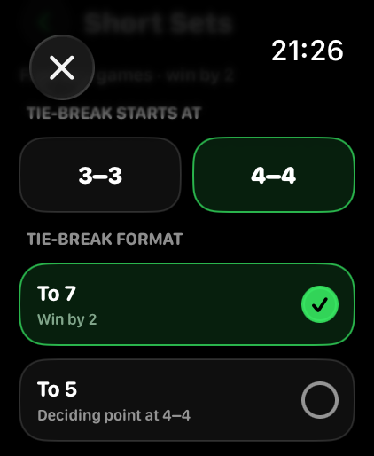 Apple Watch Short Sets configuration with tie-break start and target options