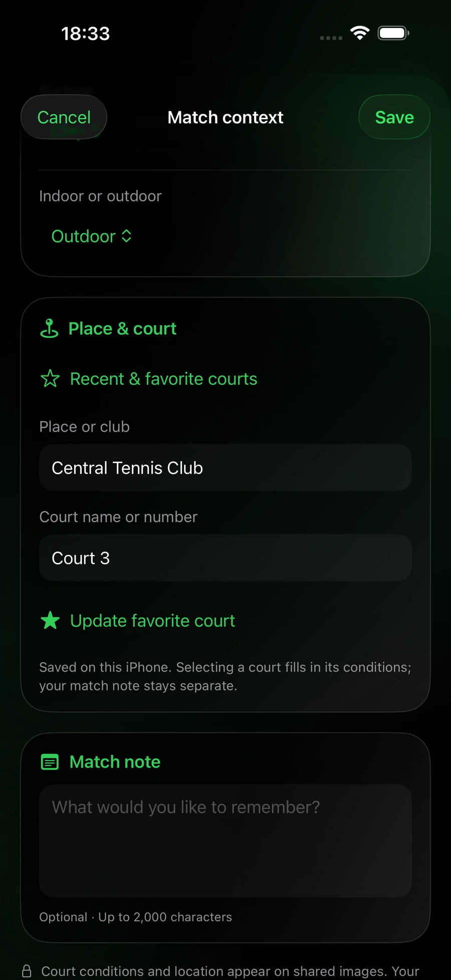 Pro court editor with Central Tennis Club, Court 3, favorites and a separate match note