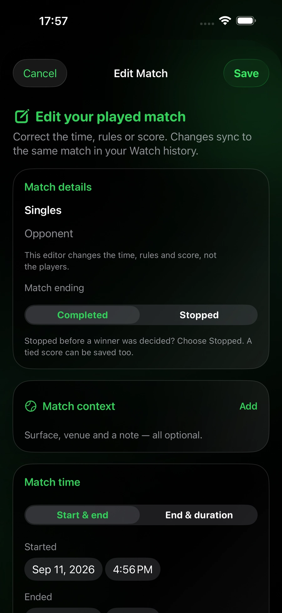 Edit Match form on iPhone with existing match details, court context and timing controls