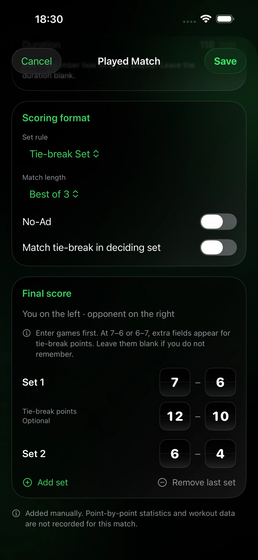 Pro manual entry with a 7–6, 6–4 result and a 12–10 set tie-break
