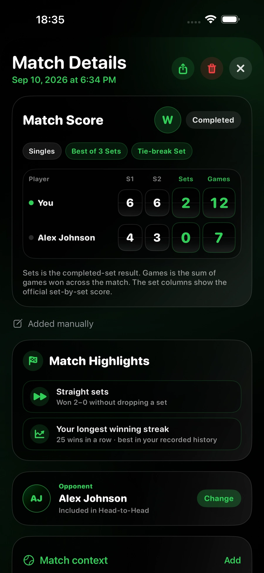 Pro Match Details with a manually added result and highlights supported by the saved history