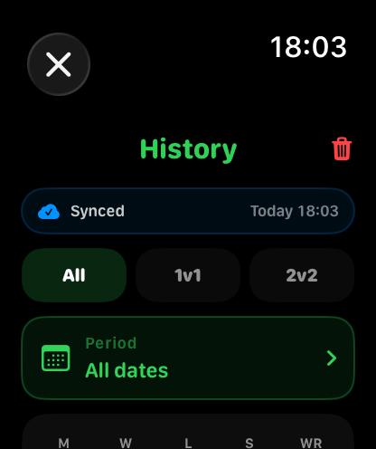 Apple Watch History with match-type and period filters and sync status