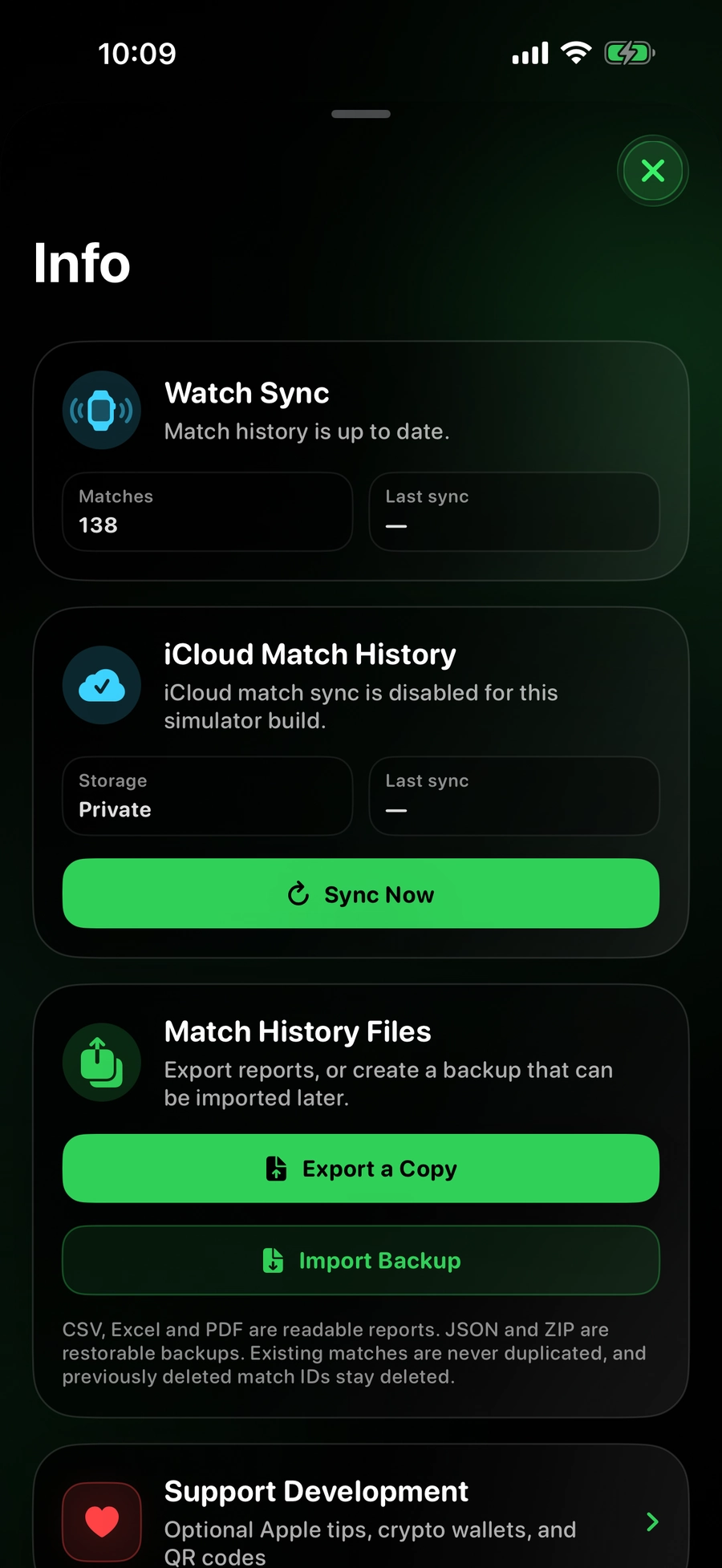 Current Pro Match History Files screen with Export a Copy and Import Backup actions