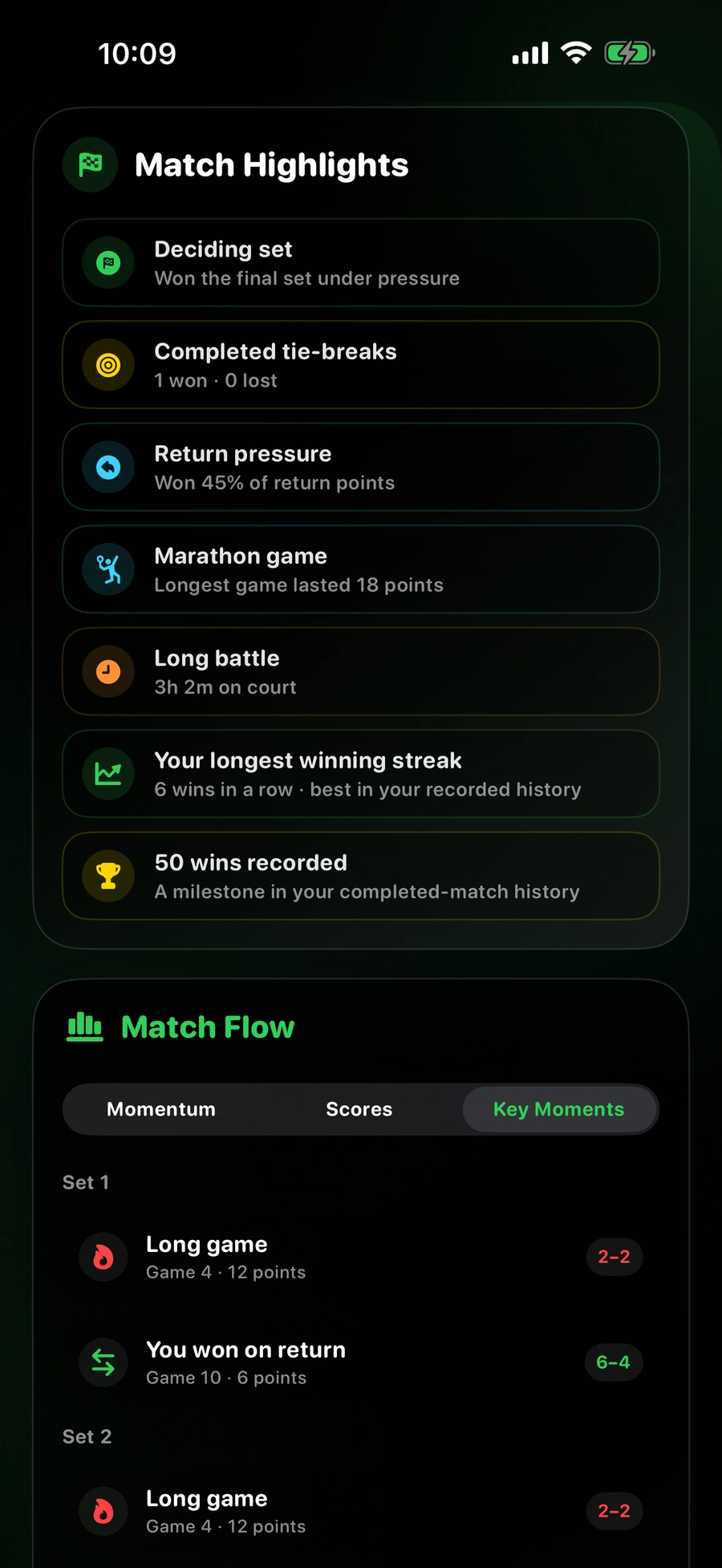 Current Pro Match Flow Key Moments screen with a long game and a win on return