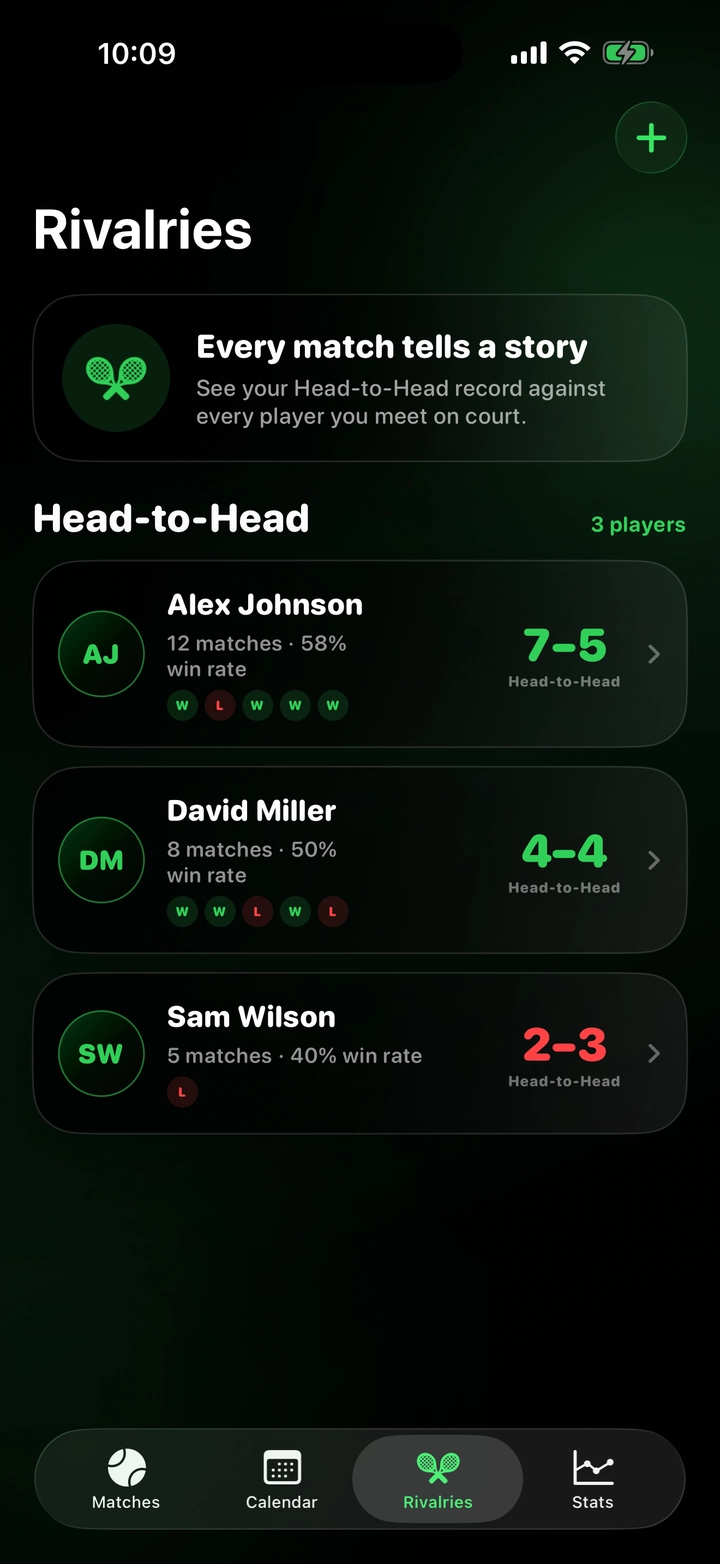 Rivalries list showing saved opponents and full Head-to-Head records