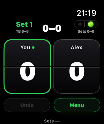 Apple Watch live scoring screen showing the selected opponent