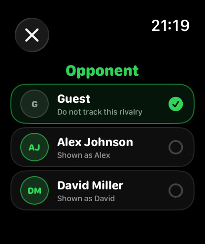 Apple Watch opponent picker showing Guest and saved players