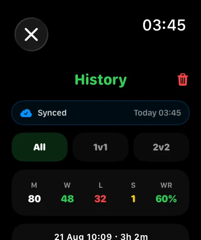 Match history with filters, record, win rate, and successful iCloud sync status