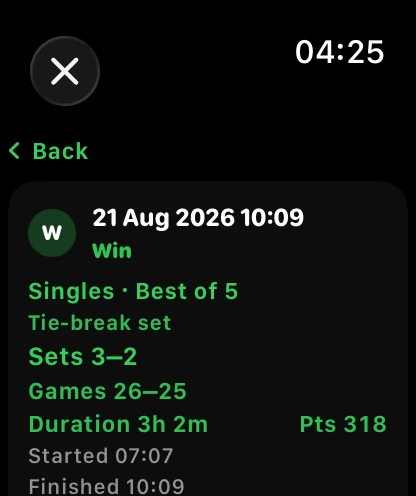 Saved match summary with result, duration, points, and workout status