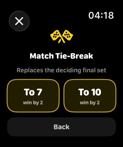 Choosing a deciding Match Tie-Break to 7 or 10 on Apple Watch